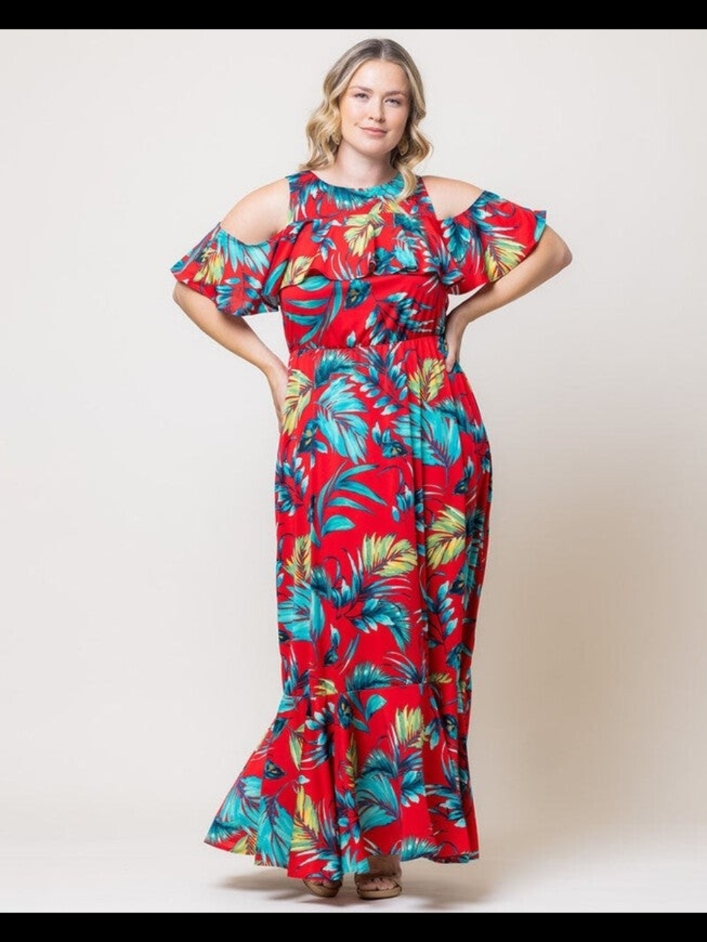 Kiyonna NWT Piper Cold Shoulder Tropical Maxi Dress